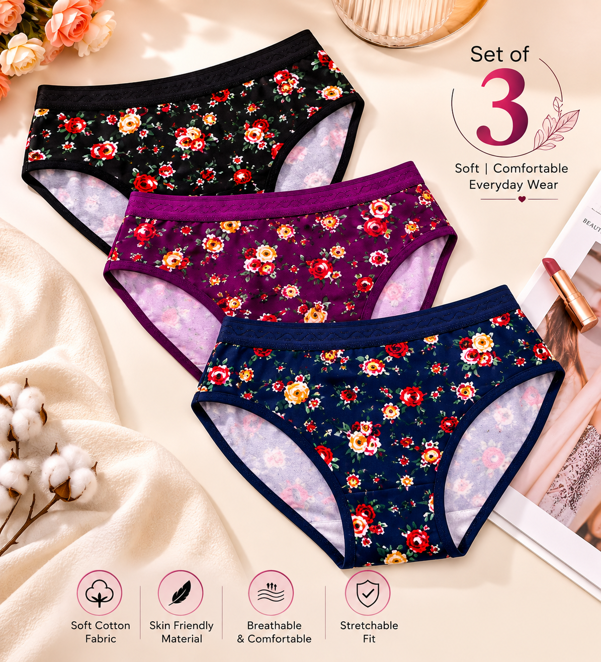 Women’s Floral Printed Cotton Brief Panty Set – Pack of 3