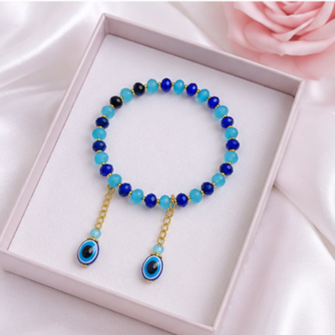 Blue Evil Eye Beaded Bracelet with Dangle Charms