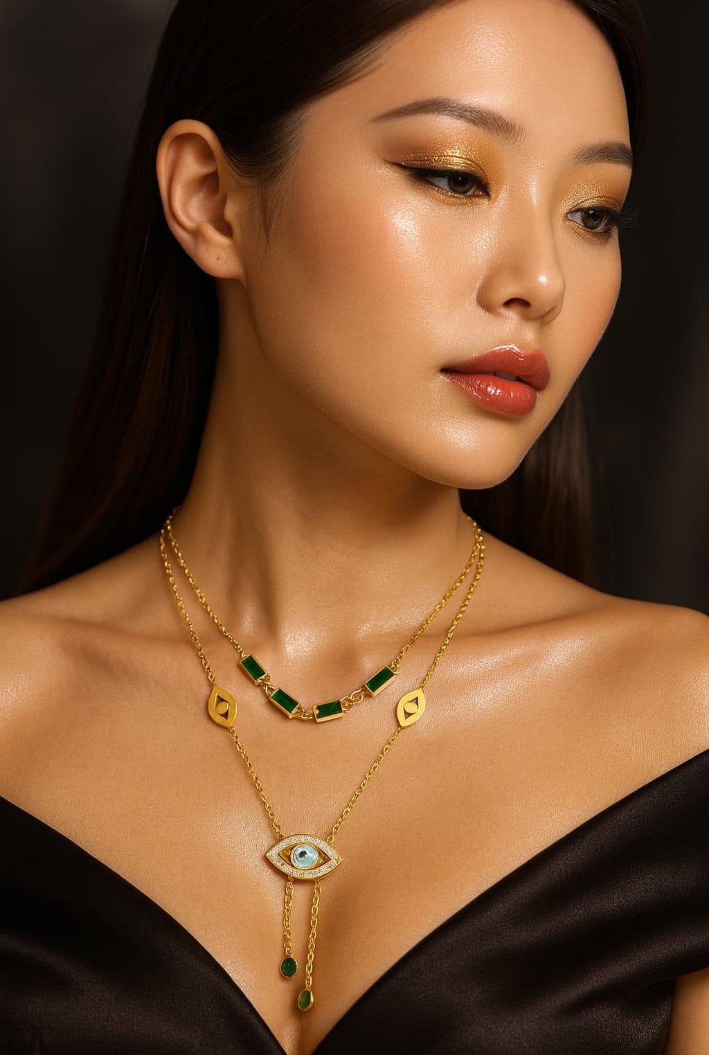 Evil Drop Green Studs Anti Tarnish Necklace