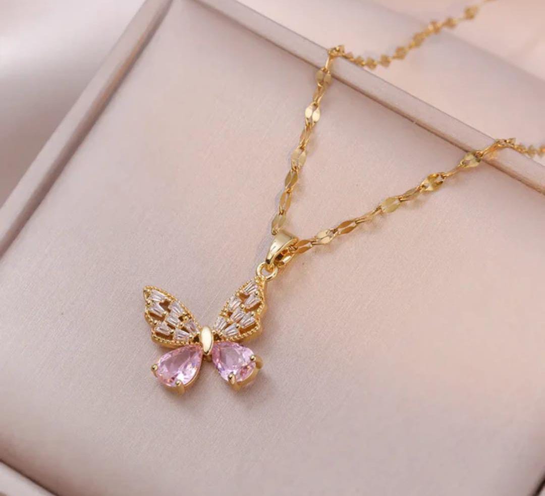 Pink Crystal Butterfly Anti Tarnish Necklace