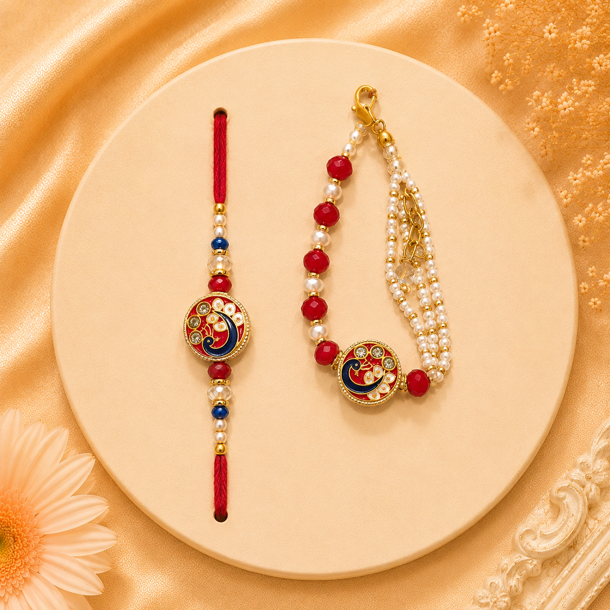 Elegant Red & Gold Bhai Rakhi with Bracelet