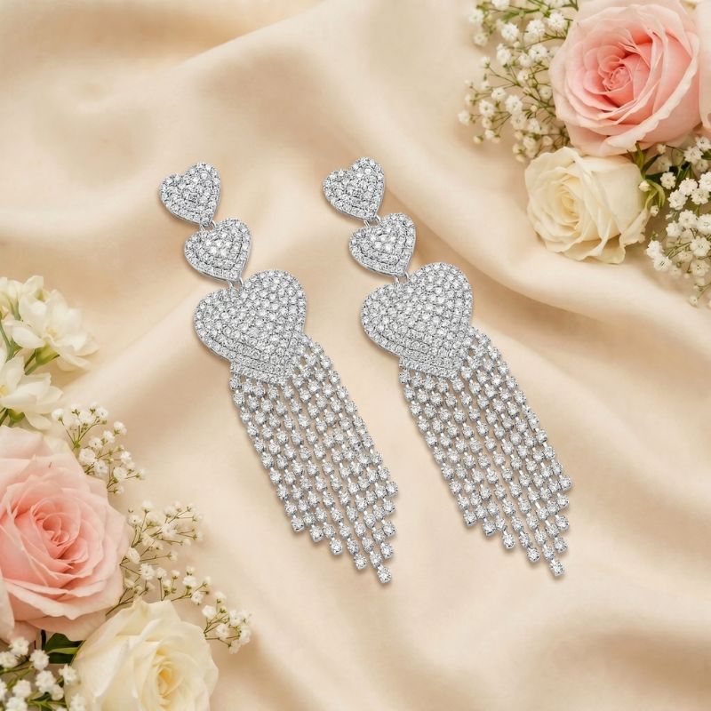 Crystal Heart Tassel Earrings