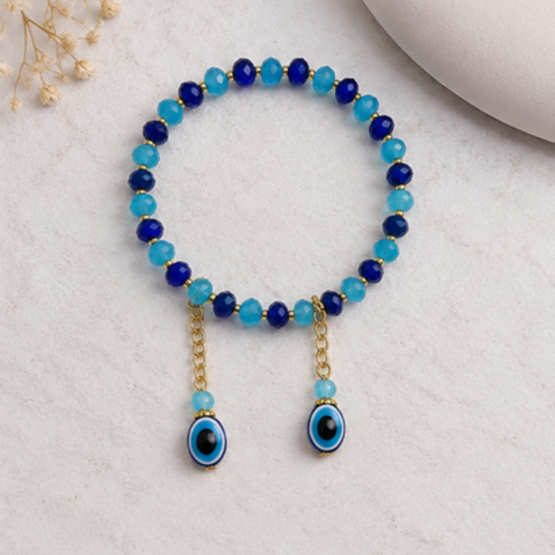 Blue Evil Eye Beaded Bracelet with Dangle Charms