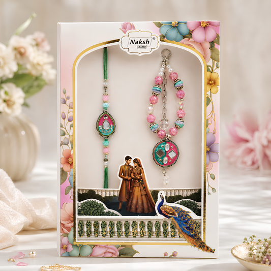Premium Pink & Green Beaded Rakhi Combo Set