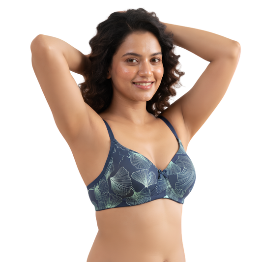 Navy Blue Floral Print Full Coverage Bra