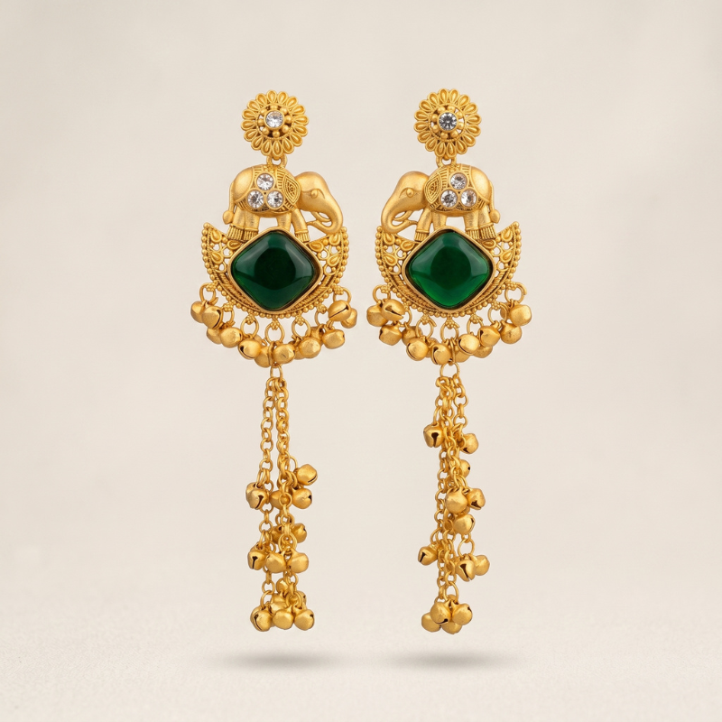 Elephant Motif Kashmiri Jhumka (Dark Green)