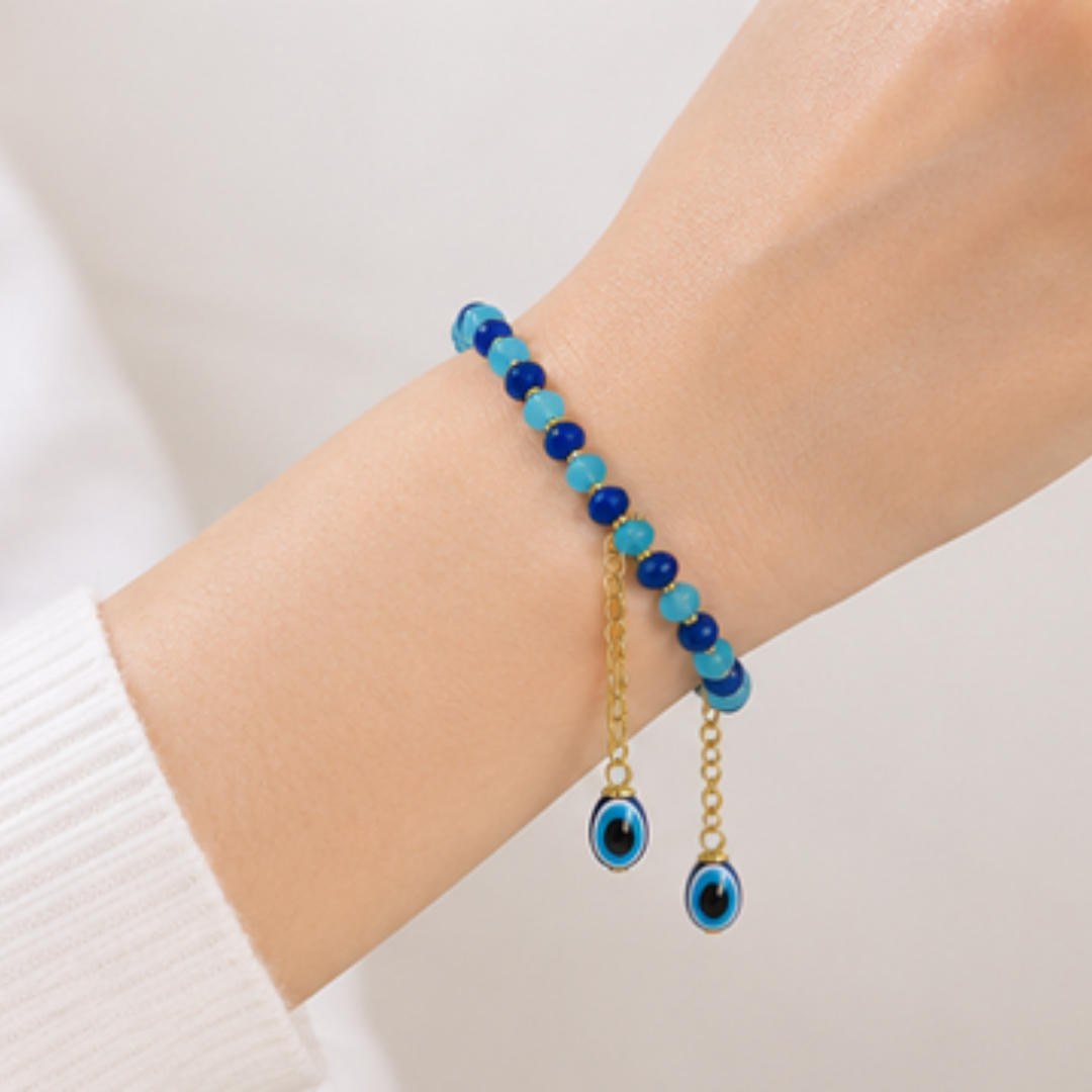 Blue Evil Eye Beaded Bracelet with Dangle Charms