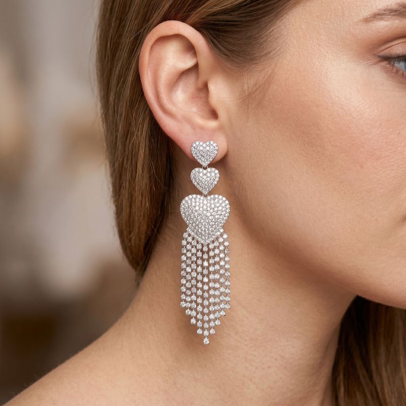 Crystal Heart Tassel Earrings