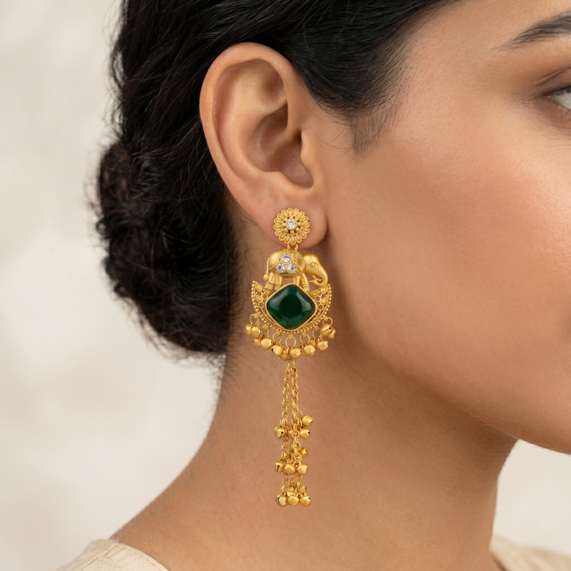 Elephant Motif Kashmiri Jhumka (Dark Green)