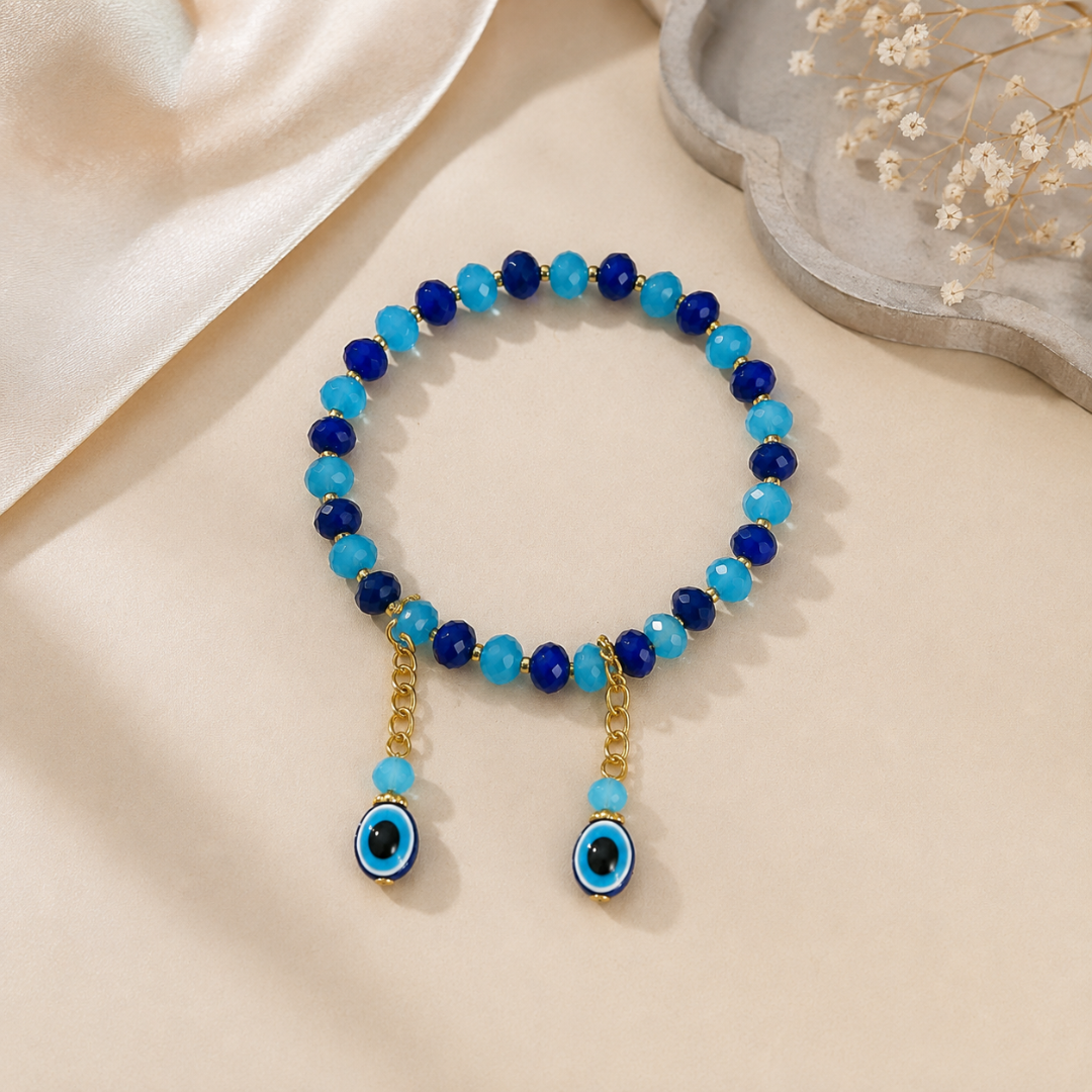 Blue Evil Eye Beaded Bracelet with Dangle Charms
