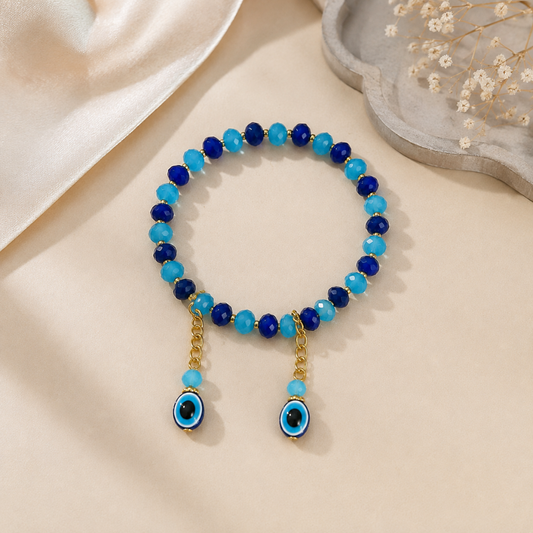 Blue Evil Eye Beaded Bracelet with Dangle Charms