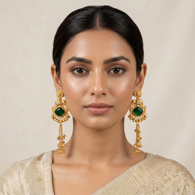 Elephant Motif Kashmiri Jhumka (Dark Green)