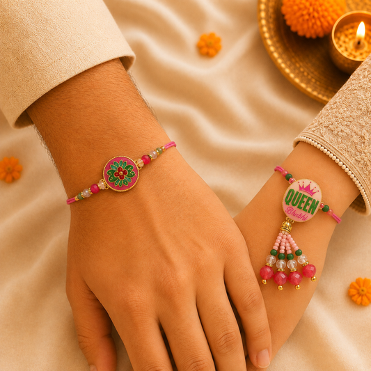 Pink Queen Bhabhi Rakhi & Bhai Rakhi Set