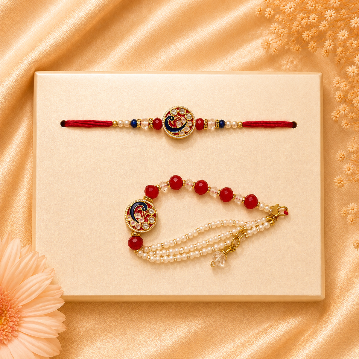 Elegant Red & Gold Bhai Rakhi with Bracelet