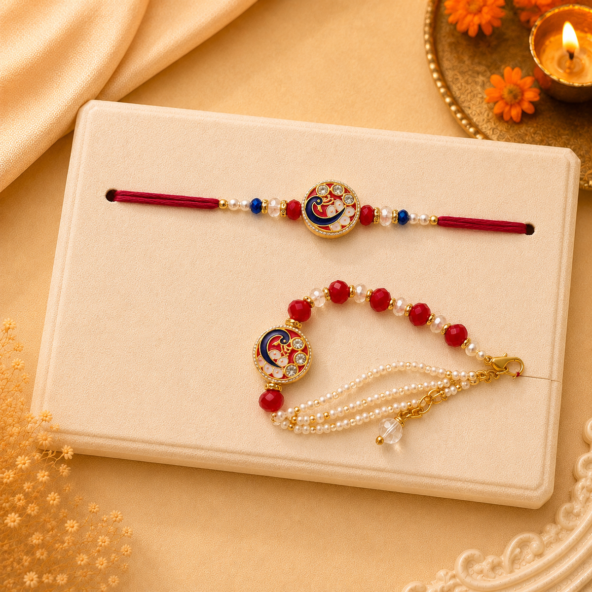 Elegant Red & Gold Bhai Rakhi with Bracelet
