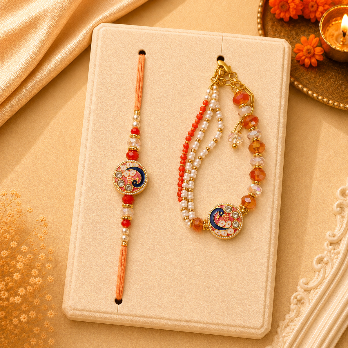 Elegant Red & Gold Bhai Rakhi with Bracelet