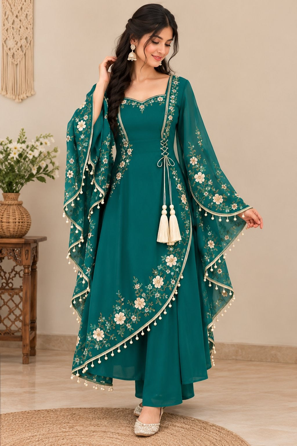 Women’s Floral Embroidered Anarkali Dress with Dupatta